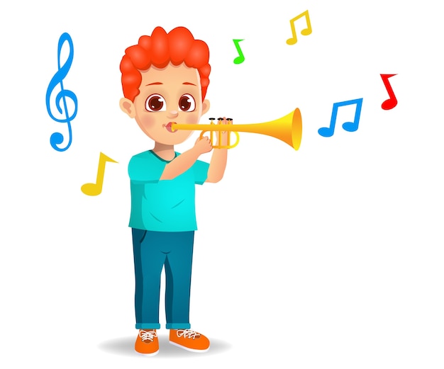 Cute boy playing trumpet isolated on white