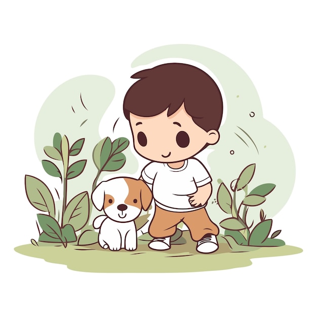 벡터 정원에서 개와 놀고 있는 귀여운 소년 터 일러스트레이션 그래픽 디자인