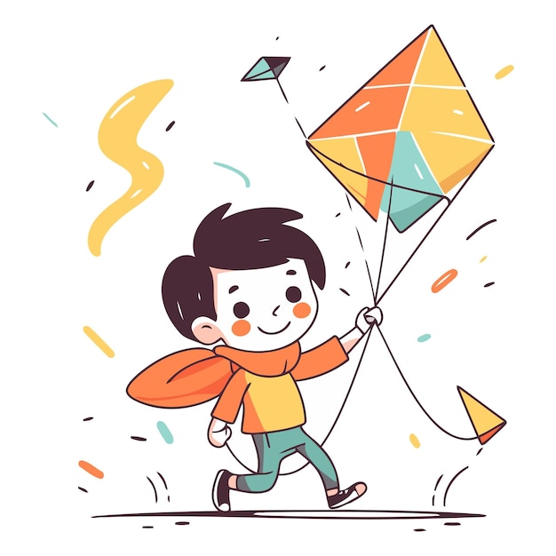 Vector cute boy playing with kite in cartoon style