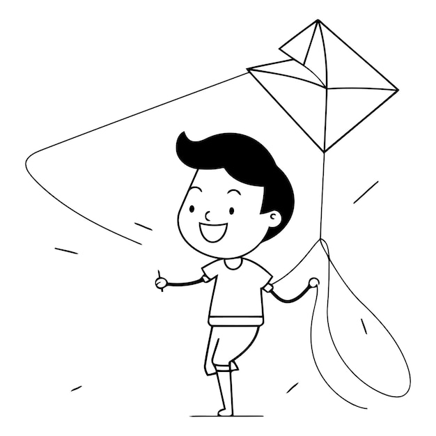 Vector cute boy playing with a kite vector cartoon illustration