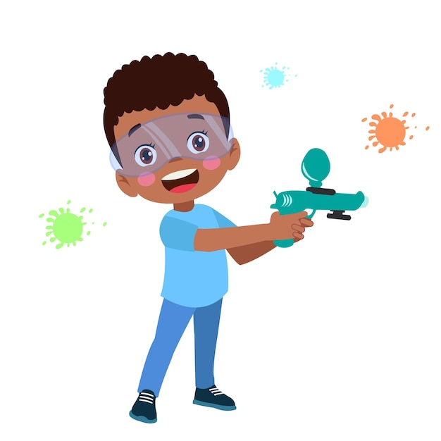 Cute boy playing with toy gun