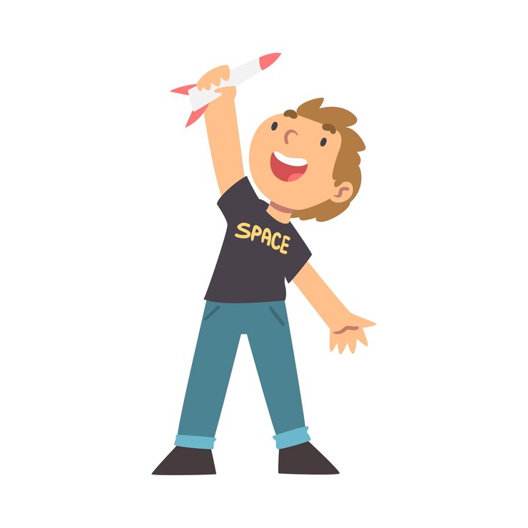 Vector cute boy playing with toy spacecraft vector illustration