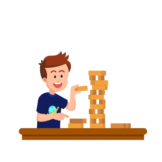 A cute boy playing wood block game