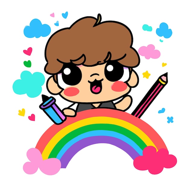 Cute boy rainbow having fun hand drawn flat stylish mascot cartoon character drawing sticker