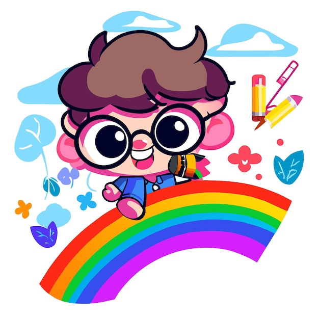 Cute boy rainbow having fun hand drawn flat stylish mascot cartoon character drawing sticker