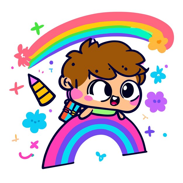 Cute boy rainbow having fun hand drawn flat stylish mascot cartoon character drawing sticker