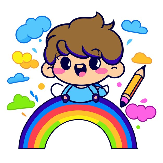 Cute boy rainbow having fun hand drawn flat stylish mascot cartoon character drawing sticker