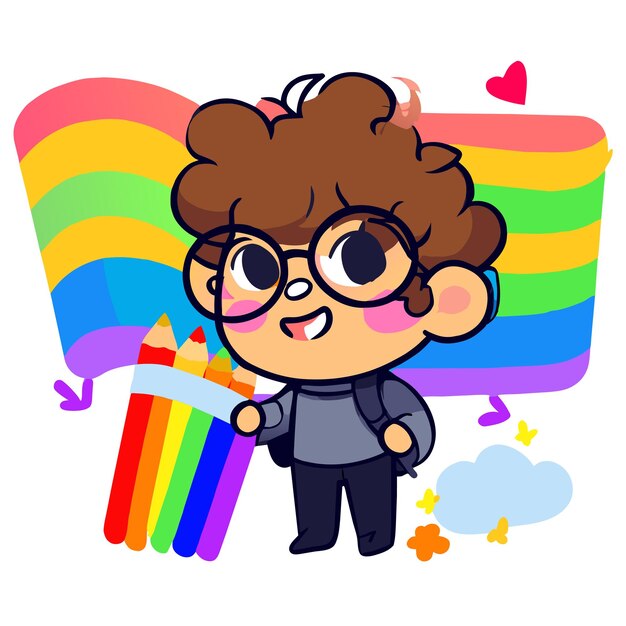 Vector cute boy rainbow having fun hand drawn flat stylish mascot cartoon character drawing sticker