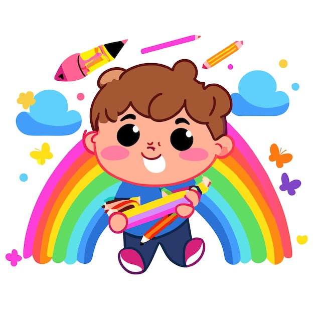 Vector cute boy rainbow having fun hand drawn flat stylish mascot cartoon character drawing sticker