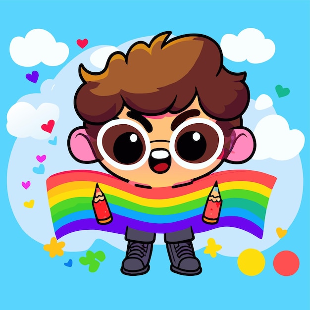 Cute boy rainbow having fun hand drawn flat stylish mascot cartoon character drawing sticker