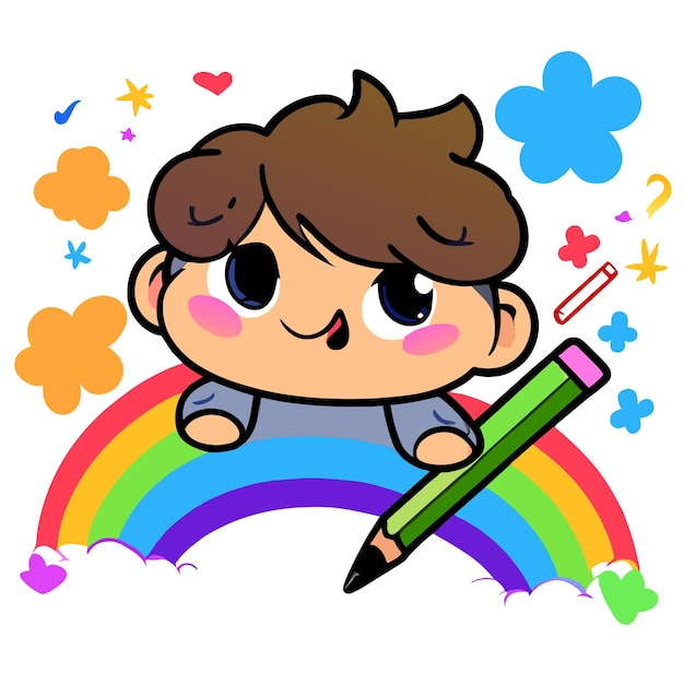 Милый мальчик радуга весело рисуется рукой плоский стильный талисман мультфильмный персонаж рисует наклейку