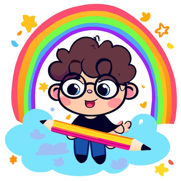 Cute boy rainbow having fun hand drawn flat stylish mascot cartoon character drawing sticker