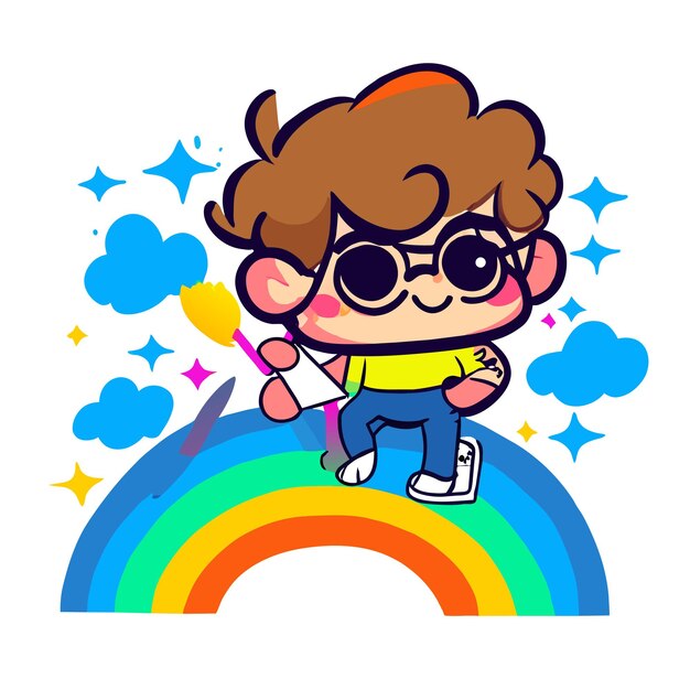 Vector cute boy rainbow having fun hand drawn flat stylish mascot cartoon character drawing sticker