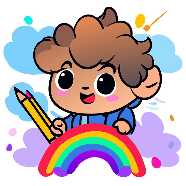 Ragazzo carino arcobaleno che si diverte disegnato a mano piatto elegante mascotte disegno di personaggi di cartoni animati adesivo