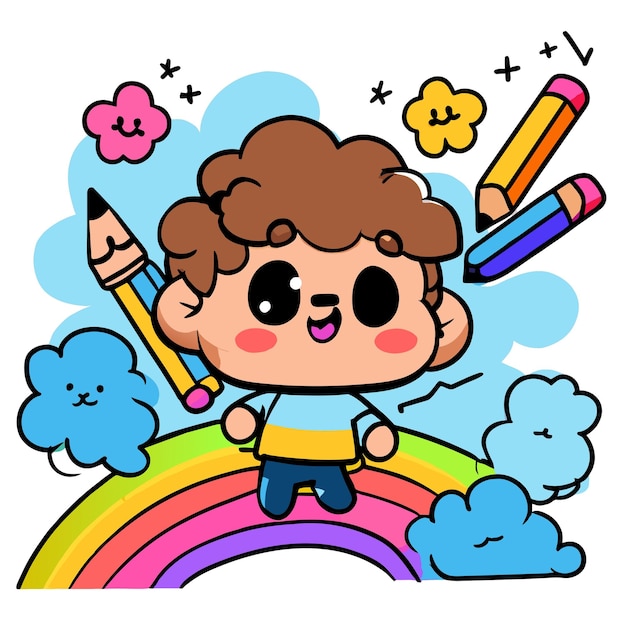 Vector cute boy rainbow having fun hand drawn flat stylish mascot cartoon character drawing sticker