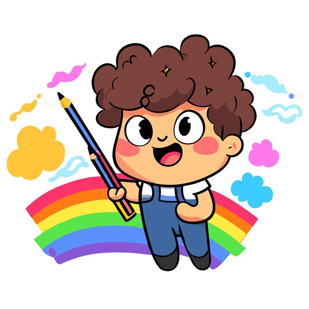Vettore ragazzo carino arcobaleno che si diverte disegnato a mano piatto elegante mascotte disegno di personaggi di cartoni animati adesivo