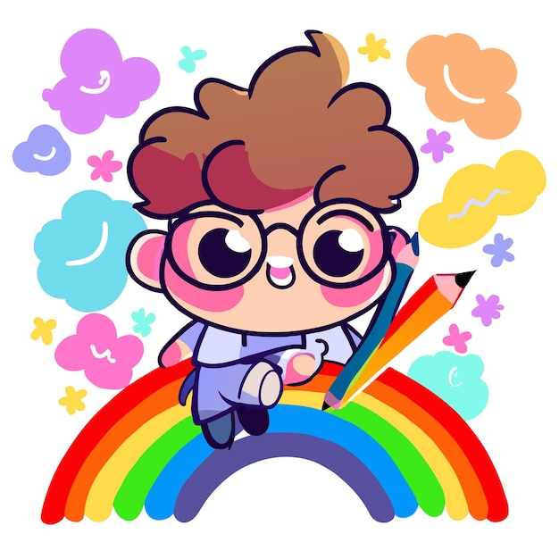 Cute boy rainbow having fun hand drawn flat stylish mascot cartoon character drawing sticker