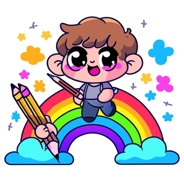 Cute boy rainbow having fun hand drawn flat stylish mascot cartoon character drawing sticker