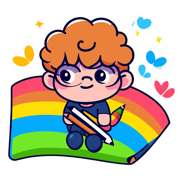 Cute boy rainbow having fun hand drawn flat stylish mascot cartoon character drawing sticker