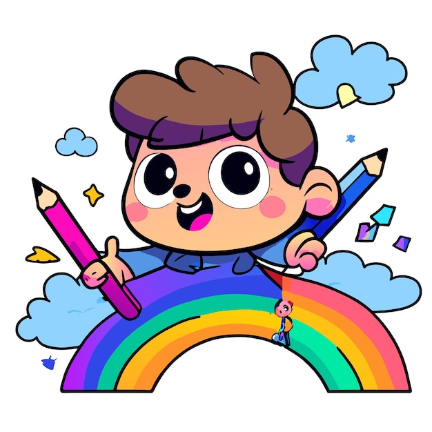 Cute boy rainbow having fun hand drawn flat stylish mascot cartoon character drawing sticker