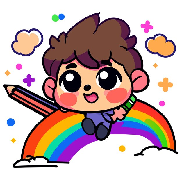 Cute boy rainbow having fun hand drawn flat stylish mascot cartoon character drawing sticker