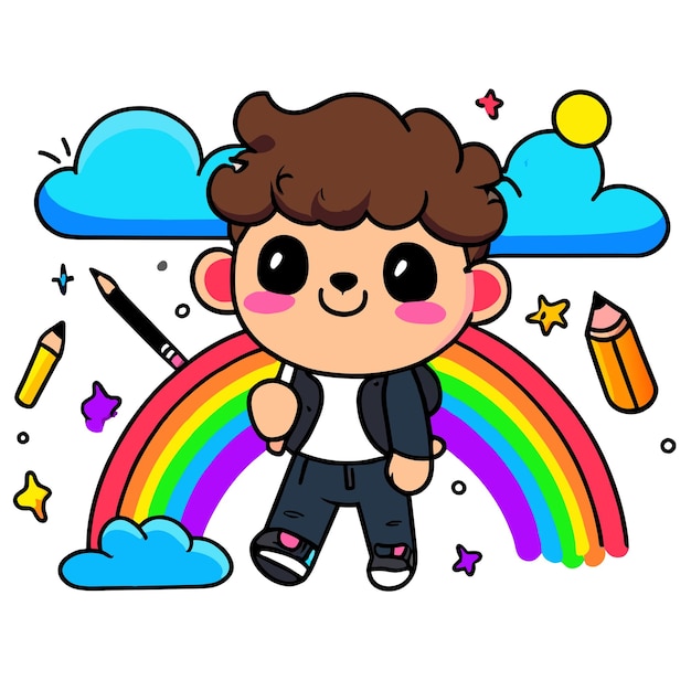 Cute boy rainbow having fun hand drawn flat stylish mascot cartoon character drawing sticker