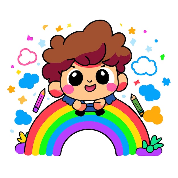 Cute boy rainbow having fun hand drawn flat stylish mascot cartoon character drawing sticker