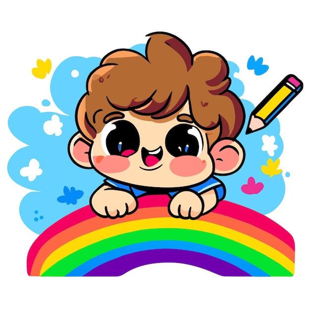 Cute boy rainbow having fun hand drawn flat stylish mascot cartoon character drawing sticker