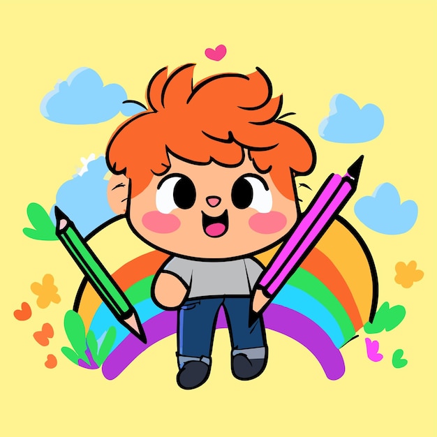 Cute boy rainbow having fun hand drawn flat stylish mascot cartoon character drawing sticker