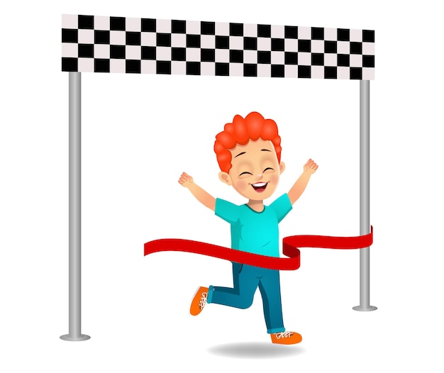 Vector cute boy reaching finish line