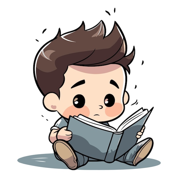 Cute boy reading a book in cartoon style