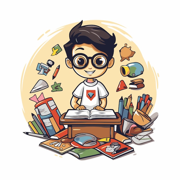 Vector cute boy reading a book at the desk vector illustration