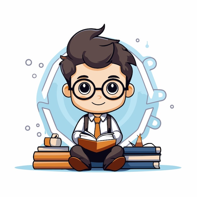 Cute boy reading a book sitting on books Vector illustration