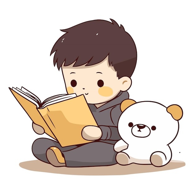 Vector cute boy reading a book and a teddy bear