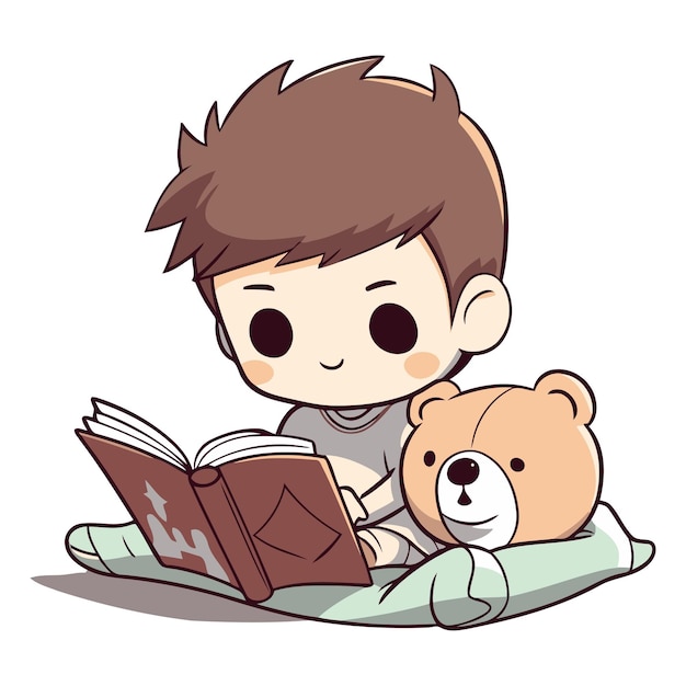 テディベアと一緒に本を読んでいる可愛い男の子