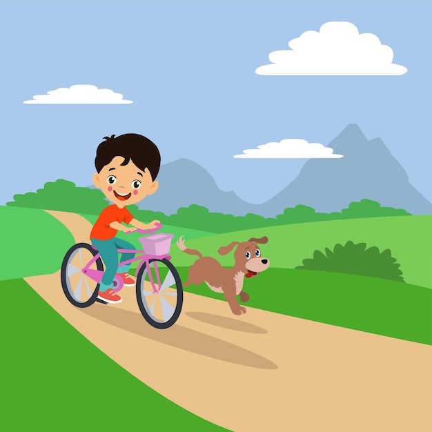 Cute boy riding a bike with his dog