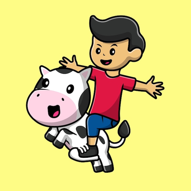 Cute Boy Riding Cow Cartoon Vector Icon Illustration