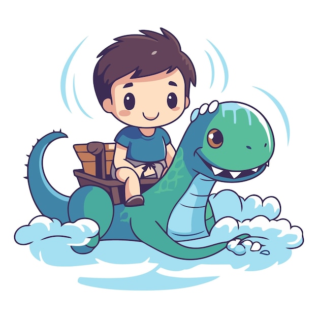 Cute boy riding a dinosaur in cartoon style