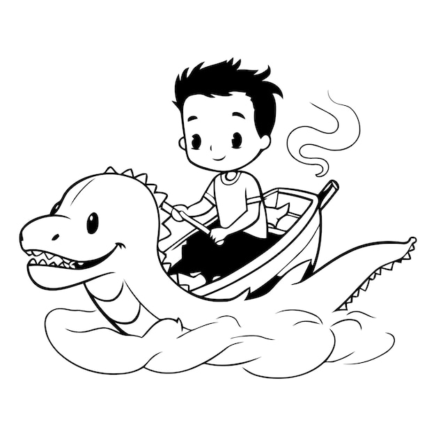 Vector cute boy riding a dragon boat on white background