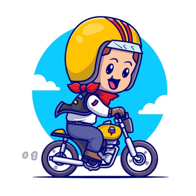 Cute Boy Riding Motorbike Cartoon Vector Icon Illustration. People Transportation Icon Concept Isolated Premium Vector. Flat Cartoon Style