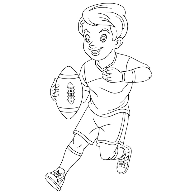 Ragazzo carino giocatore di rugby. pagina del libro da colorare dei cartoni animati per bambini.