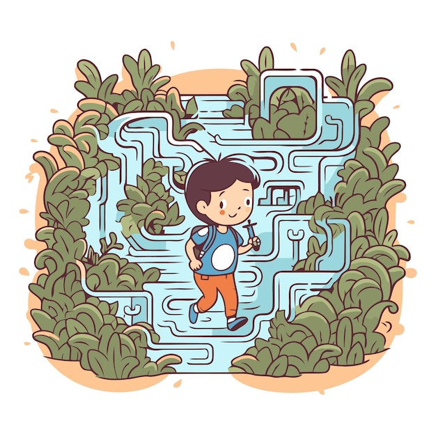 Cute boy running through a maze in cartoon style