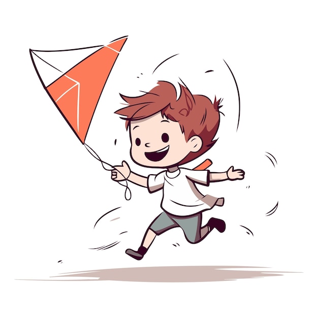 Милый мальчик бежит с воздушным змеем карикатурная векторная иллюстрация