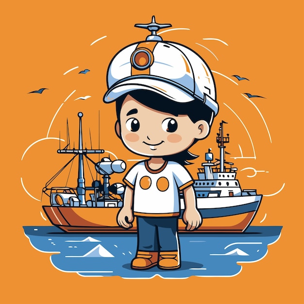 Cute boy sailor standing in the ship Vector cartoon illustration