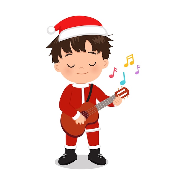 기타 악기를 연주하는 산타 클로스 의상을 입은 귀여운 소년