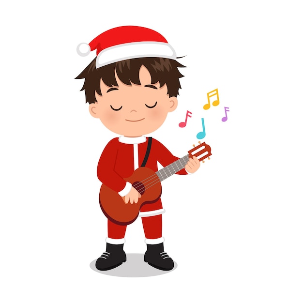 Cute boy in santa claus costume playing guitar instrument