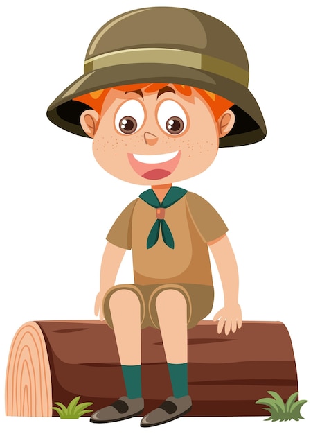 Cute boy scout cartoon character sitting on log