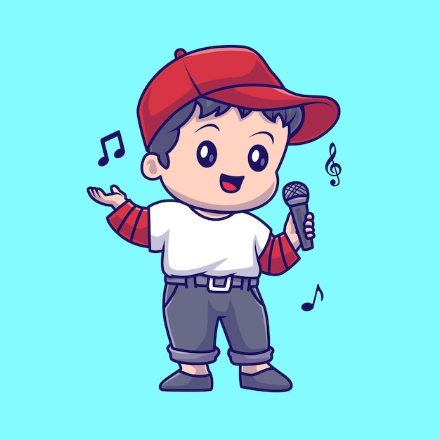 Vector cute boy singing with microphone cartoon vector icon illustration. people music icon isolated