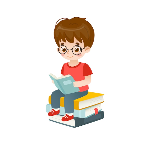 Cute boy sitting on books stack and reading.