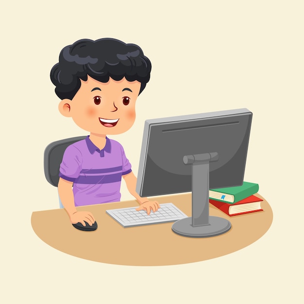 Cute boy sitting doing his homework with computer. Children education concept. Vector illustration